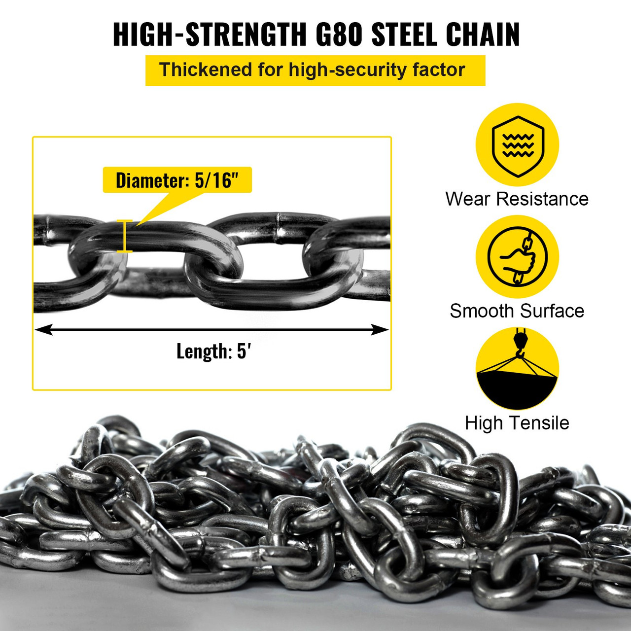 VEVOR 5Ft Chain Sling 5/16 Inch X 5 Ft Engine Lift Chain G80 Alloy Steel Engine Chain Hoist Lifts 3 Ton with 4 Leg Grab Hooks