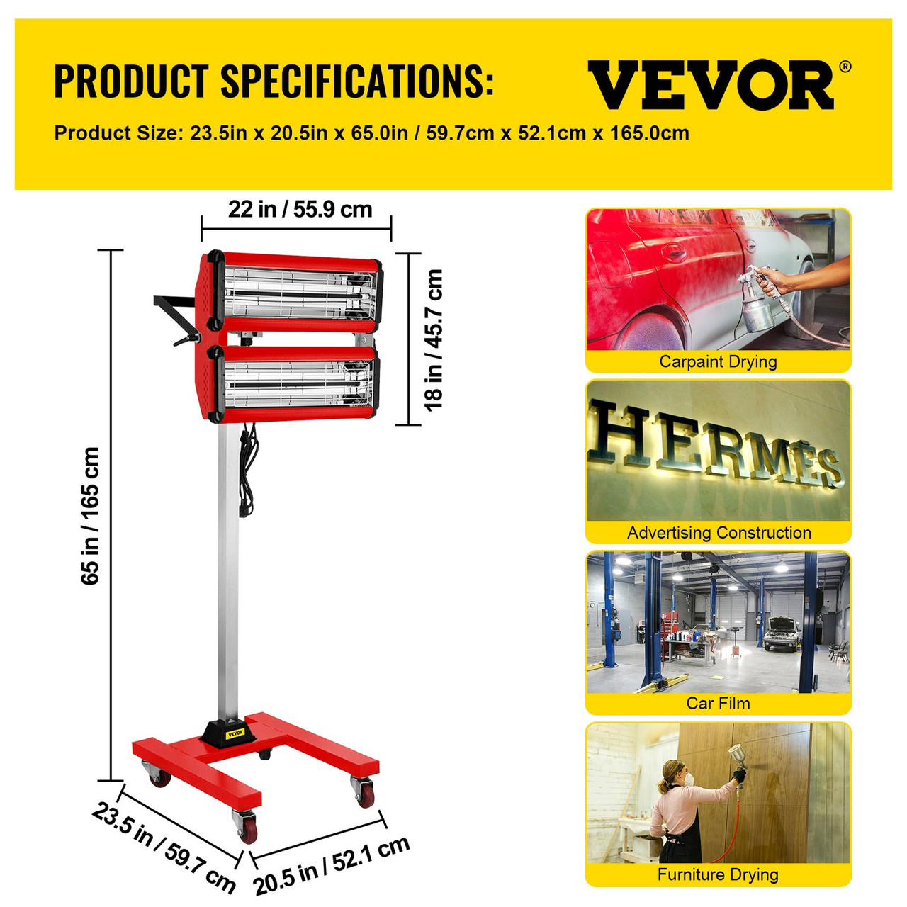 VEVOR 2000W Baking Infrared Paint Curing Lamp Short Wave Infrared Heater Car Bodywork Repair Paint Dryer/Stand