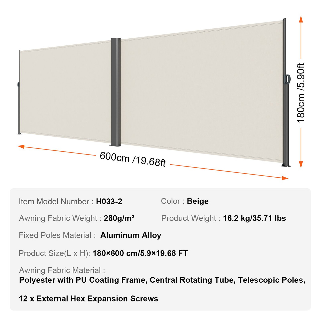 VEVOR Beige Retractable Side Awning-Rugged 71x236'' Full Aluminum Rust-Proof Side Awning Patio Sunshine Privacy Divider Wind Screen. Longer Service Life, Suitable for Courtyard, Roof Terraces Pools