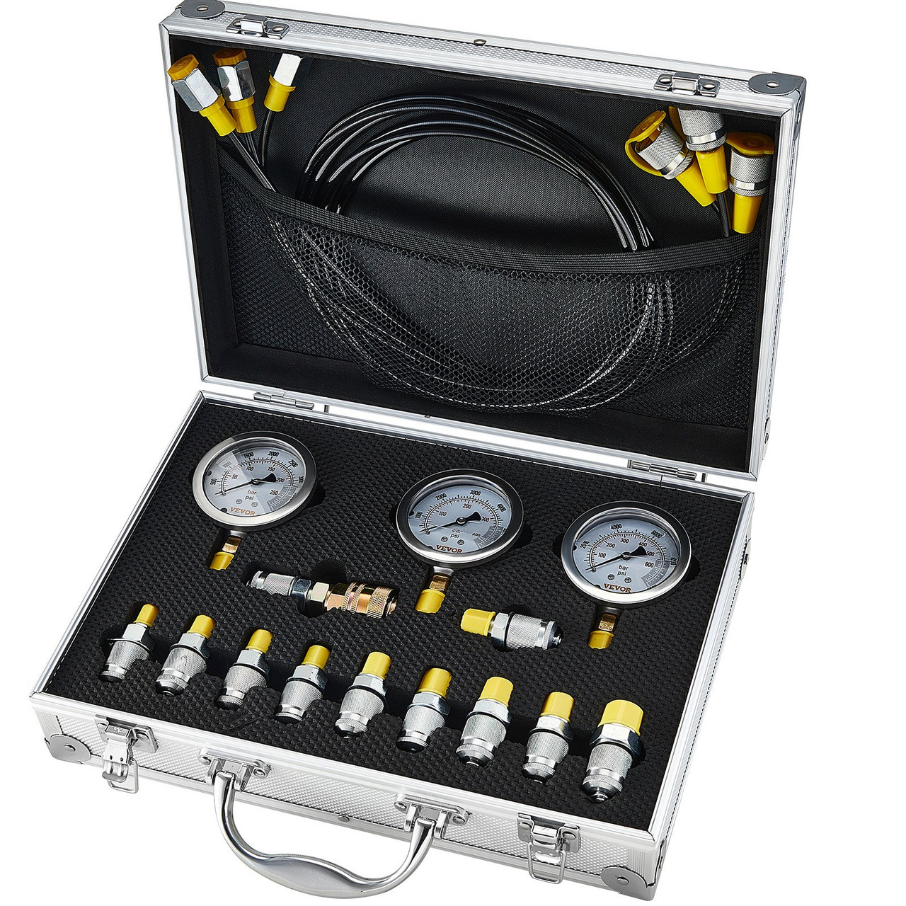 VEVOR Hydraulic Pressure Test Kit, 250/400/600bar, 3 Gauges 11 Test Couplings 3 Test Hoses, Excavator Hydraulic Test Gauge Set with Portable Carrying Case for Excavator Tractors Construction Machinery