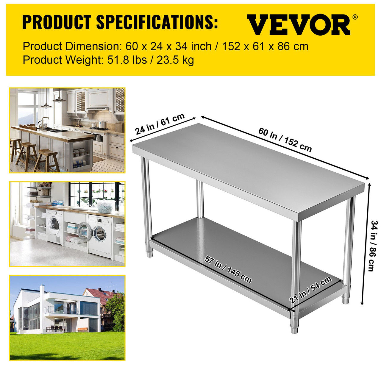 VEVOR Stainless Steel Prep Table, 60 x 24 x 34 Inch, 550lbs Load Capacity Heavy Duty Metal Worktable with Adjustable Undershelf, Commercial Workstation for Kitchen Restaurant Garage Backyard