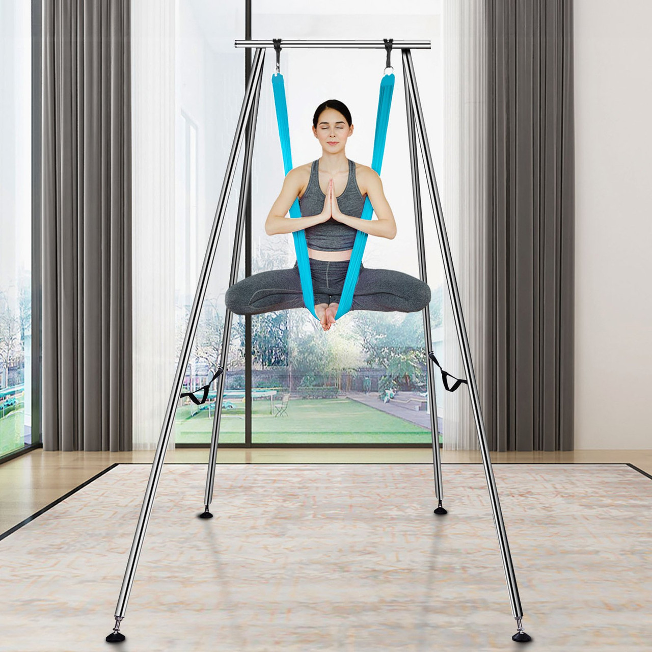 VEVOR Aerial Yoga Frame & Yoga Hammock, 9.67 ft Height Professional Yoga Swing Stand Comes with 13.1 Yards Aerial Hammock, Max 551.15 lbs Load Capacity Yoga Rig for Indoor Outdoor Aerial Yoga, Blue