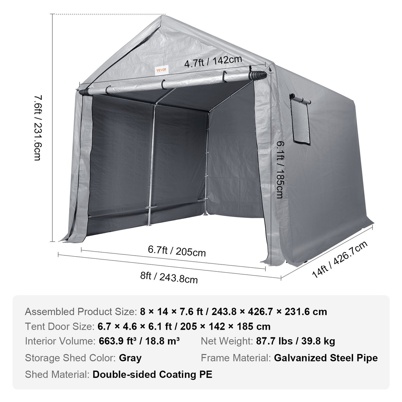 VEVOR Portable Shed Outdoor Storage Shelter, 8 x 14 x 7.6 ft Heavy Duty Instant Storage Tent Tarp Sheds with Roll-up Zipper Door and Ventilated Windows For Motorcycle, Bike, Garden Tools