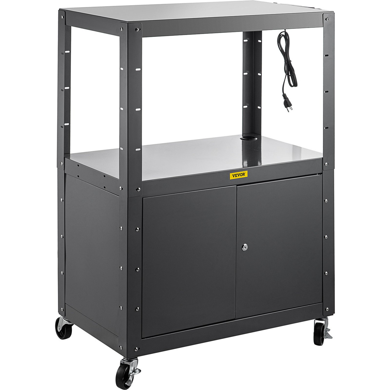 VEVOR Steel AV Cart, 41 Inch Height Adjustable Media Cart with Locking Cabinet, 33" x 18" Extra Width Presentation Cart with 3 Shelves, 150 lbs Rolling Projector Cart with 4 Wheels and 2 Brakes