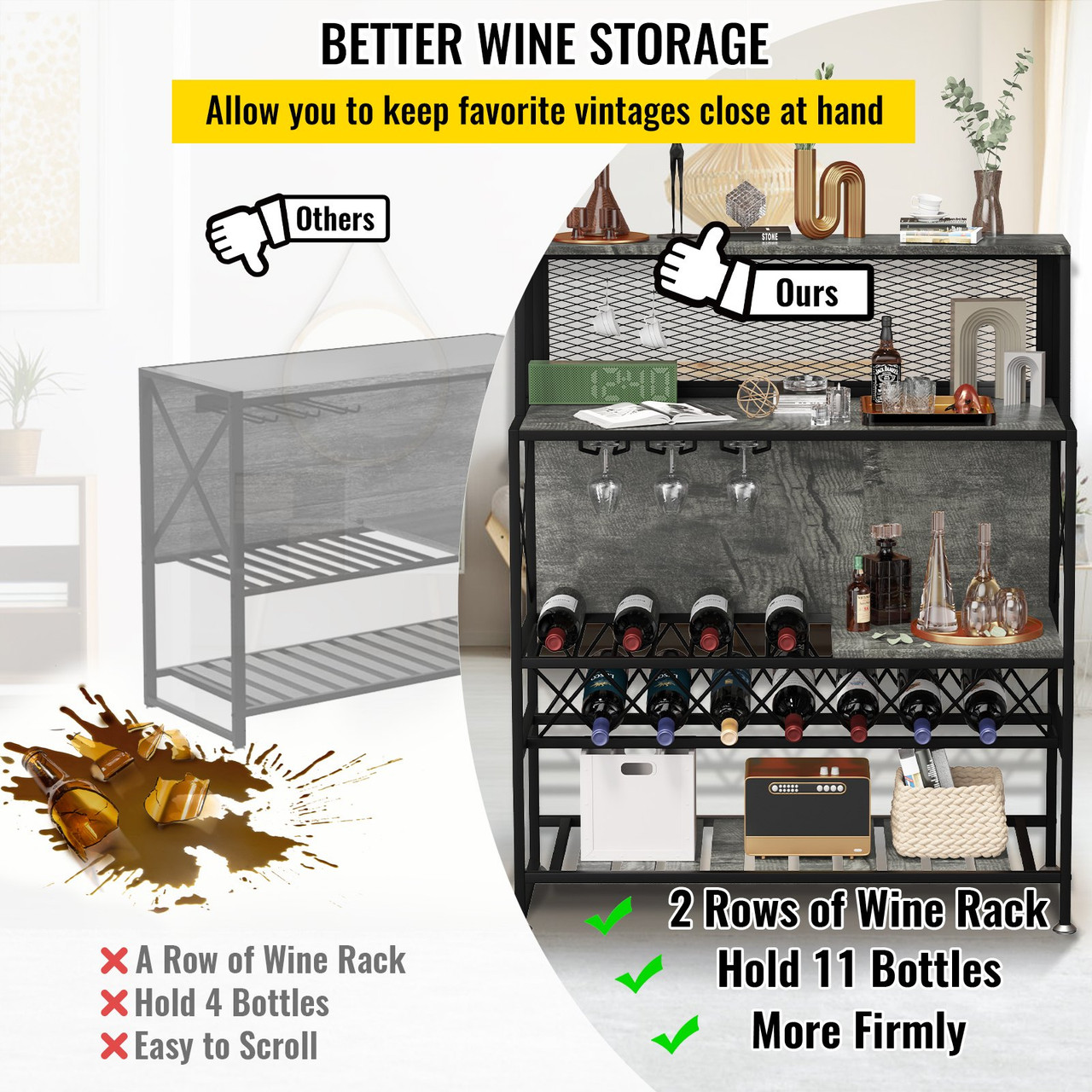 VEVOR Wine Rack Home Bar Table, Industrial Liquor Storage Cabinets with Glass Holder, Bakers Rack Freestanding with Large Capacity for Home Kitchen Dining Room, Hold 12 Bottles of Wine (Gray)