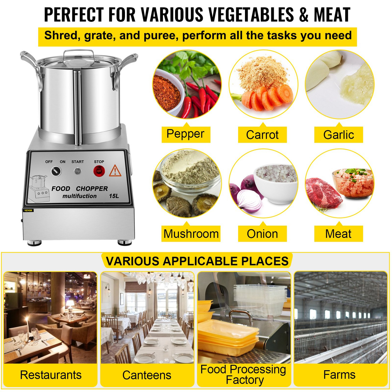 VEVOR 110V Commercial Food Processor 15L Stainless Steel Grain Grinder 1400W Electric Food Grinder Cutter Mixer Perfect for Meat or Vegetable Stuffing, Fruit or Peanut Jam, Grain Powder