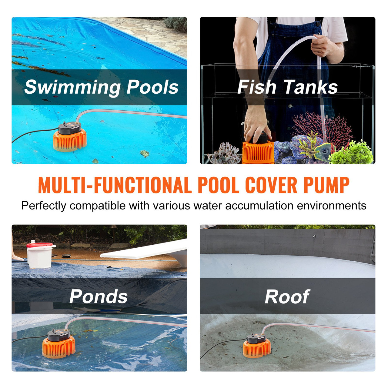 VEVOR Automatic Pool Cover Pump, 1/10 HP 75W 540 GPH, 120V Submersible Swimming Pool Cover Pump, Water Removal Pump with 3 Hose Adapters 16 ft Drainage Hose & 25 ft Power Cord, for Pool Draining