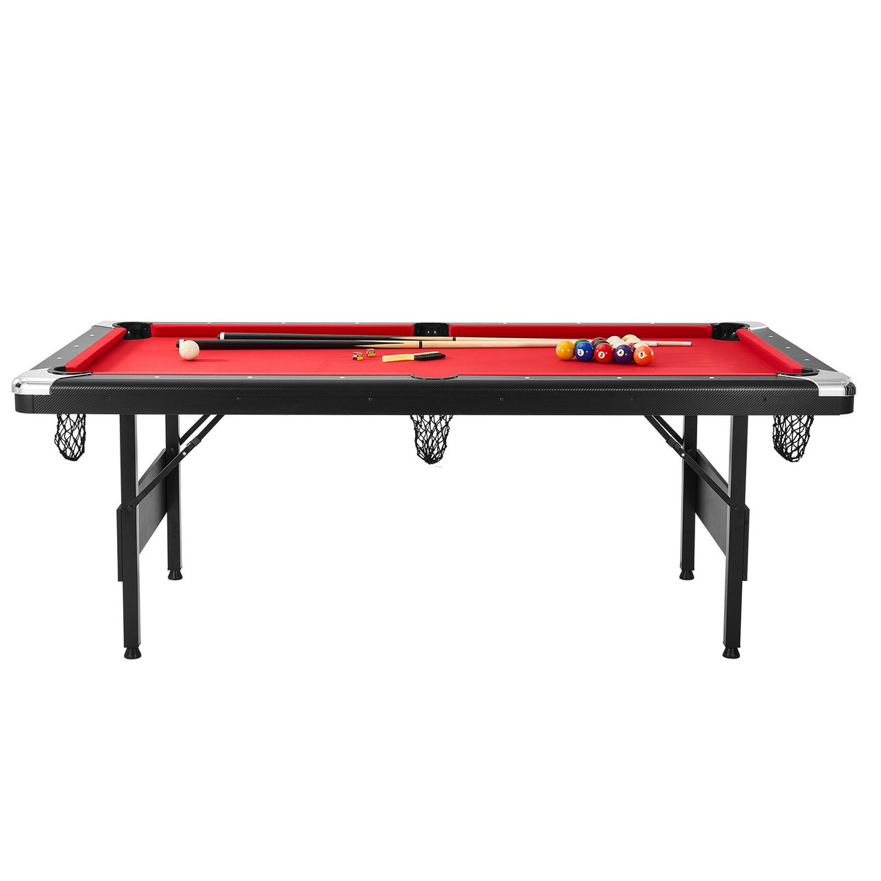 VEVOR Billiards Table, 7 ft Pool Table, Portable Foldable Space-Saving Table, Billiard Table Set Includes Balls, Cues, Chalks and Brush, Black with Red Cloth, Perfect for Family Game Room Kids Adults