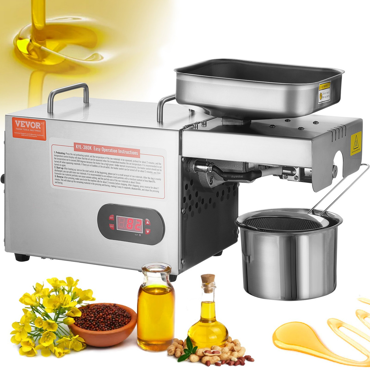 VEVOR Electric Oil Press Machine, 850W Stainless Steel Oil Extractor Machine, 0-300? / 32 - 572 ? Adjustable Temperature, Hot Press Oil Expeller for Pressing Peanuts, Sesame Seeds, Rapeseed, Tea Seeds