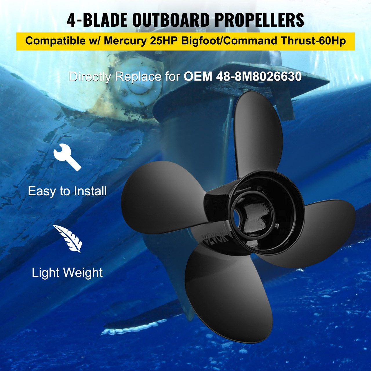 VEVOR Outboard Propeller, Replace for OEM 48-8M8026630, 4-Blade 10.3" x 13" Aluminum Boat Propeller, Compatible with Mercury Mariner 25HP Bigfoot/Command Thrust 60Hp Outboard, 13 Tooth Splines, RH