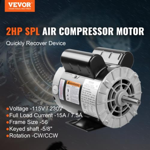 VEVOR 2HP SPL Air Compressor Electric Motor, 115/230V, 15/7.5Amps, 56 Frame 3450