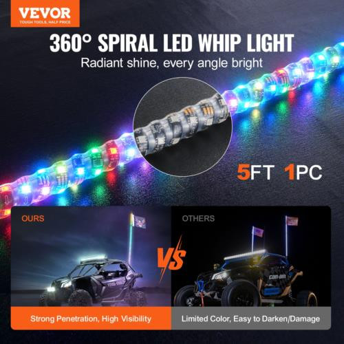 VEVOR 1 PC 5 FT Whip Light, APP & RF Remote Control Led Whip Light, Waterproof 3