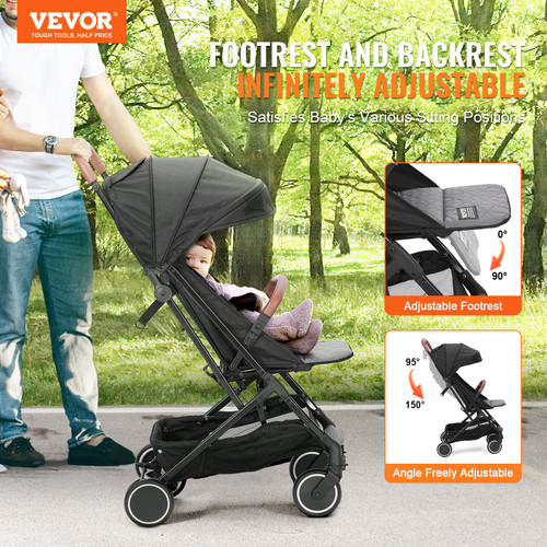 VEVOR Standard Baby Infant Stroller, Toddler Stroller with 95°-150° Adjustable Backrest & 0/90°Adjustable Footrest & One-click Folding, Newborn Stroller with Cup Holder and Carry Bag, Black