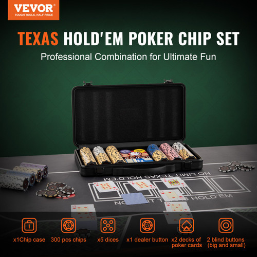 VEVOR Poker Chip Set, 300-Piece Poker Set, Complete Poker Playing Game Set with Carrying Case, Heavyweight 14 Gram Casino Clay Chips, Cards, Buttons and Dices, for Texas Hold'em, Blackjack, Gambling