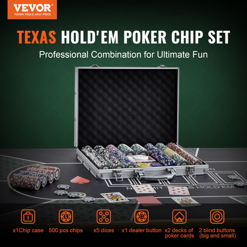 VEVOR Poker Chip Set, 500-Piece Poker Set, Complete Poker Playing Game Set with Aluminum Carrying Case, 11.5 Gram Casino Chips, Cards, Buttons and Dices, for Texas Hold'em, Blackjack, Gambling