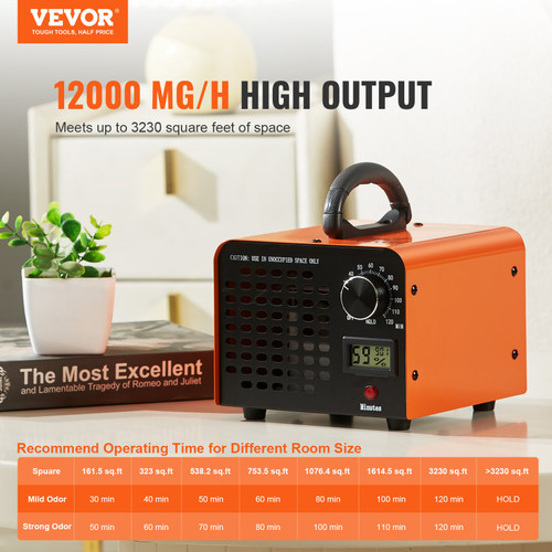 VEVOR Ozone Generator, 12000mg/h Ozone Machine Odor Remover, High Capacity Commercial/Industrial Ozone Generator Machine, Home Air Ionizers Deodorizer with 0-120 min Time Setting for Rooms, Cars, Pets