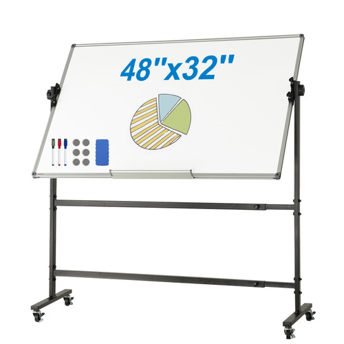 VEVOR Rolling Whiteboard, 48x32 inch Double-Sided Magnetic Mobile Whiteboard, 360° Reversible Adjustable Height Dry Erase Board with Wheels & Movable Tray for Office School