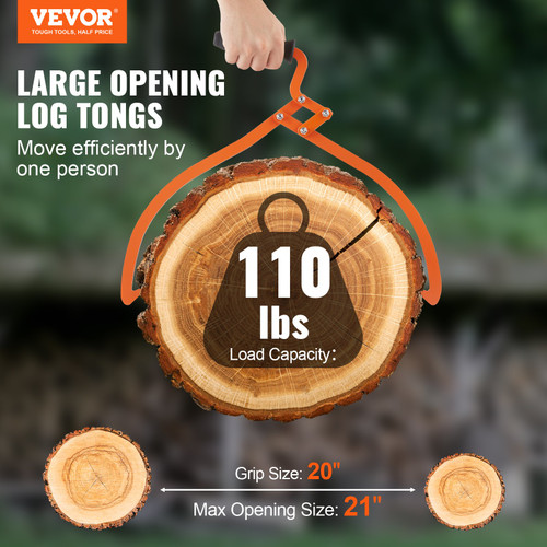 VEVOR Log Tongs, 20 inch 2 Claw Logging Skidding Tongs Non-Slip Grip, Steel Hand Log Grapple with 110 lbs Loading Capacity, Log Lifting, Handling, Dragging & Carrying Tool