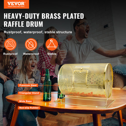 VEVOR Raffle Drum,Holds 10000 Tickets or 300 Ping Pong Balls, Metal Lottery Spinning Drawing with Wooden Turning Handle, 14.8 x Ø21.26 inch Brass Plated Raffle Ticket Spinning Cage, for Bingo Ballot