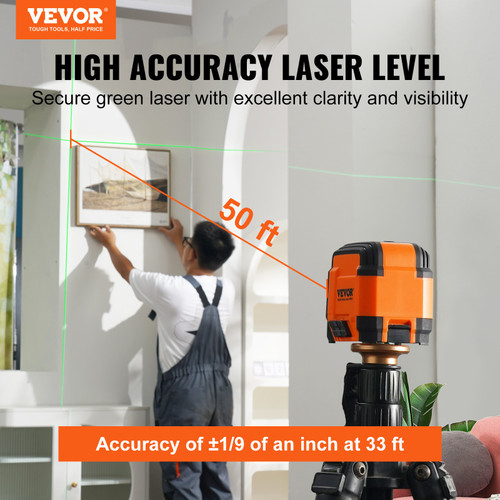 VEVOR Laser Level, 50ft, Self Leveling Manual Green Cross Line Laser, IP54 Waterproof Remote Control Manual Self-leveling Mode & 5h Continuous Working Time Line Laser, Battery and Stand Included