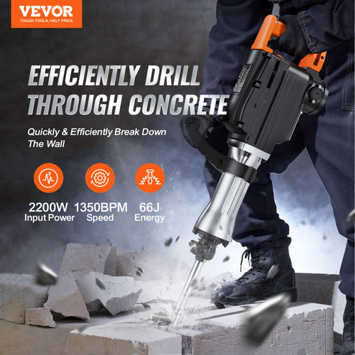 VEVOR Demolition Jack Hammer, 2200W Electric Jackhammer Heavy Duty, 1350 BPM Concrete Breaker, 2pcs Chisels Bit Chipping with Case, Black