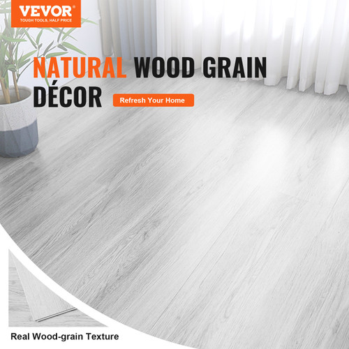 VEVOR Interlocking Vinyl Floor Tiles 48 x 7.3 inch, 10 Tiles 5.5mm Thick Snap Together, Light Gray Wood Grain DIY Flooring for Kitchen, Dining Room, Bedrooms & Bathrooms, Easy for Home Decor