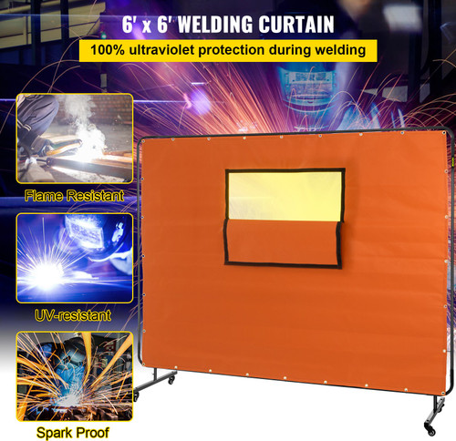 VEVOR Welding Curtain, 6' x 8', Welding Screen with Metal Frame & 4 Wheels, Fireproof Fiberglass w/Transparent Window, for Workshop, Industrial Site, Yellow