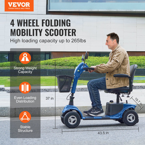 VEVOR Heavy-Duty 4 Wheel Mobility Scooter for Adults & Seniors - Folding Electric Powered Mobility Scooter & 12 Mile Long Range, All Terrain Travel Scooter with 9° Climbing Capacity, 265lb Capacity