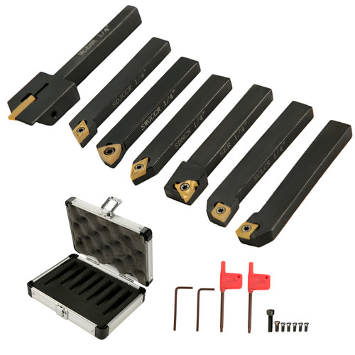 VEVOR Indexable Carbide Tools 1/4" Industrial Lathe Tools 7Pcs/Set Turning Tool Set Super-hard 40cr Mental Lathe Tools Inserts Carbide Tool Holder for Lathe in Black with Portable Case