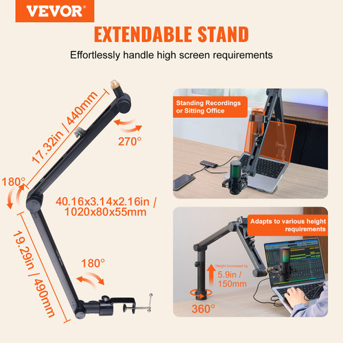 VEVOR Microphone Boom Arm with Desk Mount, 360° Rotatable, Adjustable Mic Stand with 3/8" to 5/8" Adapter Port, for Recording Blue Yeti Hyperx Quadcast Blue Snowball Shure SM7B Audio Technica