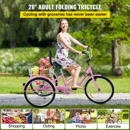 VEVOR Tricycle Adult 26“ Wheels Adult Tricycle 1-Speed 3 Wheel Bikes For Adults Three Wheel Bike For Adults Adult Trike Adult Folding Tricycle Foldable Adult Tricycle 3 Wheel Bike Trike For Adults