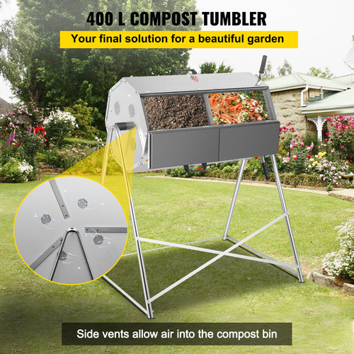 VEVOR Compost Tumbler, 400L / 106 Gal, Rustproof Stainless Steel Dual-Chamber Garden Composter, Heavy-Duty, All-Season Outdoor Compost Bin, Fast-Working System for Composting Kitchen ? Yard Waste