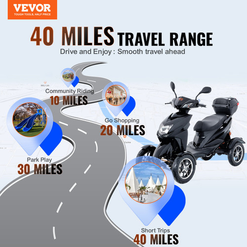 VEVOR Heavy Duty 4-Wheel Mobility Scooters for Seniors & Adults 450lbs Capacity - 40 Miles 3-Speed Long Range, 500W All Terrain Electric Recreational Scooter Wheelchair with 20° Max Climbing Capacity