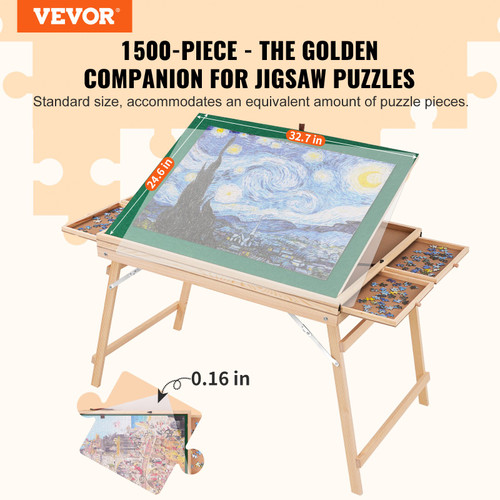 VEVOR 1500 Piece Puzzle Table with Folding Legs, 4 Drawers and Cover, 32.7"x24.6" Wooden Jigsaw Puzzle Plateau, Adjustable 3-Tilting-Angle Puzzle Board, Puzzle Storage System for Adults, Gift for Mom