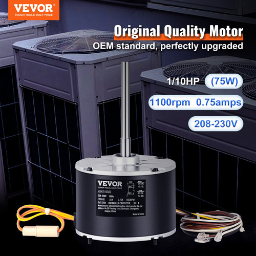 VEVOR Condenser Fan Motor 5KCP39BGS069S, 5KCP39BGY915S, 1/10 HP 208-230V, 1100RPM, OEM Standard Upgraded Replacement Condenser Motor Reversible Rotating, Explosion-proof CBB65 5?F/370V Capacitor