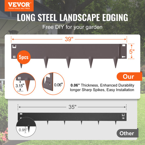 VEVOR Steel Landscape Edging, 5-pack Steel Garden Edging Borders, 39" L x 5" H Strips, Hammer-in Edging Border, Bendable Metal Landscape Edging for Yard, Garden, Lawn, 3.15" Spike Height, Brown