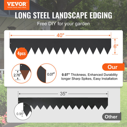 VEVOR Steel Landscape Edging, 4-pack Steel Garden Edging Borders, 40" L x 6" H Strips, Hammer-in Edging Border with 6 Clips, Bendable Metal Landscape Edging for Yard, Garden, Lawn