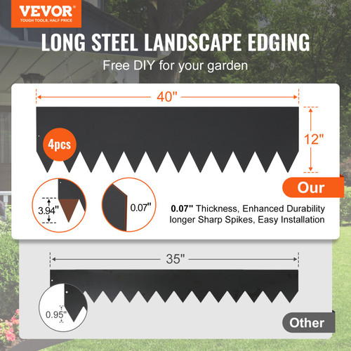 VEVOR Steel Landscape Edging, 4-pack Steel Garden Edging Borders, 40" L x 12" H Strips, Hammer-in Edging Border with 6 Clips, Bendable Metal Landscape Edging for Yard, Garden, Lawn