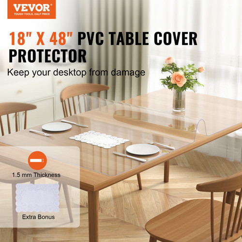 VEVOR Clear Table Cover Protector, 18" x 48"/ 460 x 1232 mm Table Cover, 1.5 mm Thick PVC Plastic Tablecloth, Waterproof Desktop Protector for Writing Desk, Coffee Table, Dining Room Table