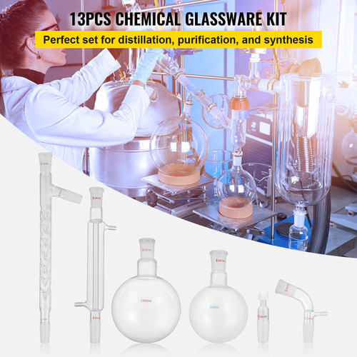 VEVOR Glass Organic Chemistry Kit 13pcs Distillation Kit 24/40 Joints Distillation Apparatus Borosilicate Glass Lab Glassware Kit w/ 1000ml Round Bottom Flask for Distillations Separation Purification