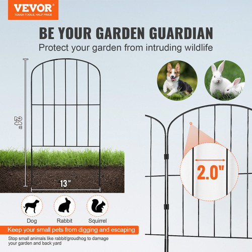 VEVOR Garden Fence, No Dig Fence 24in(H) x11ft(L) Animal Barrier Fence, Underground Decorative Garden Fencing with 2 Inch Spike Spacing, Metal Dog Fence for The Yard and Outdoor Patio, 10 Pack