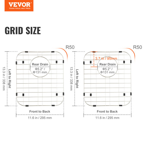 VEVOR Sink Protector Grid 2PCS, 13.3"x11.6" Stainless Steel Sink Grates, Rear Drain Sink Grates with R50 Corner Radius, Large Sink Bottom Grids, Universal Bowl Rack Sink Accessories For Kitchen Sink