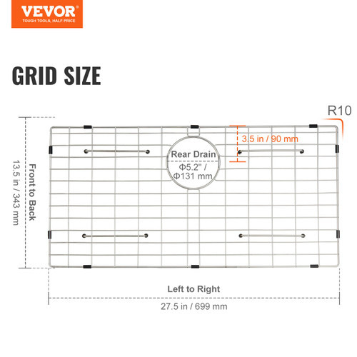 VEVOR Sink Protector Grid, 27.5"x13.5" Stainless Steel Sink Grates, Rear Drain Sink Grates with R5 Corner Radius, Large Sink Bottom Grids, Universal Bowl Rack Sink Accessories For Kitchen Sink, Silver