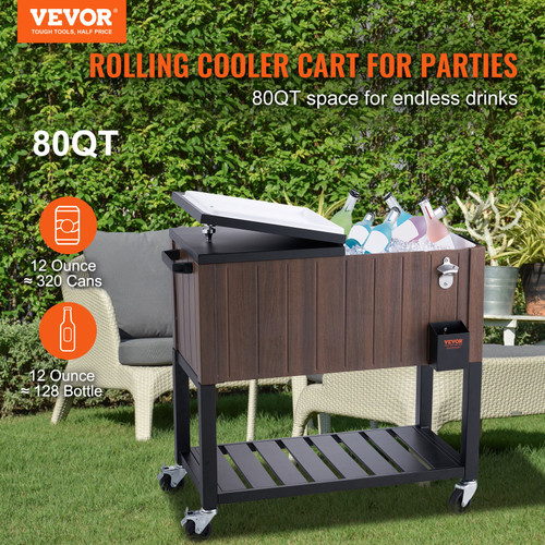 VEVOR Rolling Ice Chest Cooler Cart 80 Quart, Portable Bar Drink Cooler, Beverage Bar Stand Up Cooler with Wheels, Bottle Opener, Handles for Patio Backyard Party Pool, Wooden Teak Accent, Brown