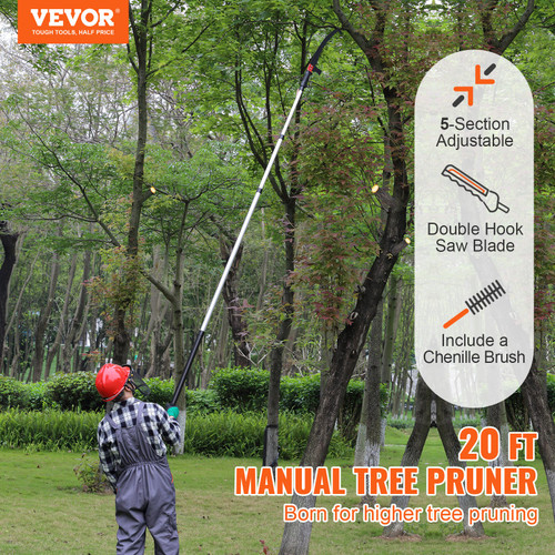 VEVOR Manual Pole Saw, 4.9-20 ft Extendable Tree Pruner, Sharp Steel Blade for High Branches Trimming, with Lightweight Aluminum Alloy Handle and a Chenille Brush, for Pruning Palms and Shrubs