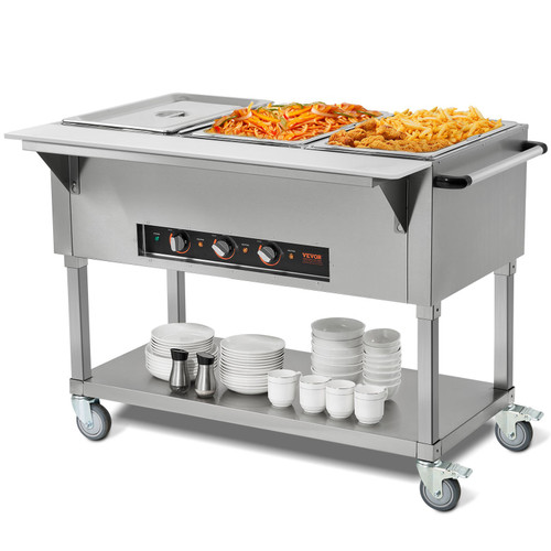 VEVOR 3-Pan Commercial Food Warmer, 3 x 20.6QT Electric Steam Table, 1500W Professional Buffet Catering Food Warmer with 4 Wheels (2 Lockable), Food Grade Stainless Steel Server for Party Restaurant