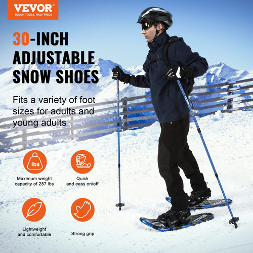 VEVOR 30 inch Light Weight Snowshoes for Women Men Youth Kids, Aluminum Alloy Frame Terrain Snow Shoes, Snowshoes Set with Trekking Poles and Carrying Tote Bag, Fully Adjustable Bindings, Blue