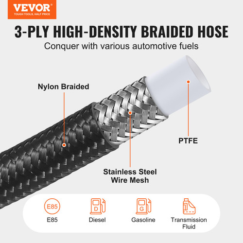 VEVOR 6AN Fuel Line Kit, 25 FT Fuel Hose Kit, 5/16" Nylon Stainless Steel Braided PTFE Fuel Line Kit, E85/Oil/Gas/Diesel Hose End Fitting Kit, with 15 PCS Swivel Fitting Adapter Kit, Black