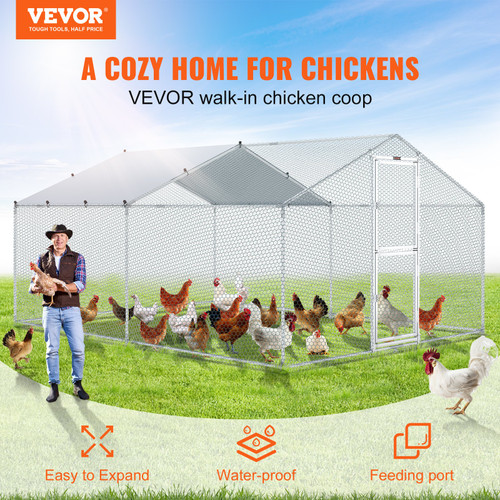 VEVOR Metal Chicken Coop, 13.1 x 9.8 x 6.6 ft Large Chicken Run, Peaked Roof Outdoor Walk-in Poultry Pen Cage for Farm or Backyard, with Water-proof Cover and Protection Mesh, for Hen, Duck, Rabbit