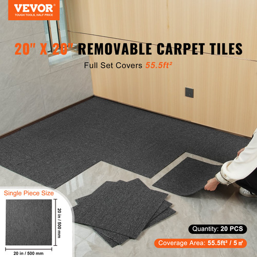 VEVOR Carpet Tiles Reusable, 20"x 20" Carpet Squares With Padding Attached, Soft Padded Carpet Tiles, Easy Install DIY for Bedroom Living Room Indoor Outdoor (20 Tiles, Dark Gray)